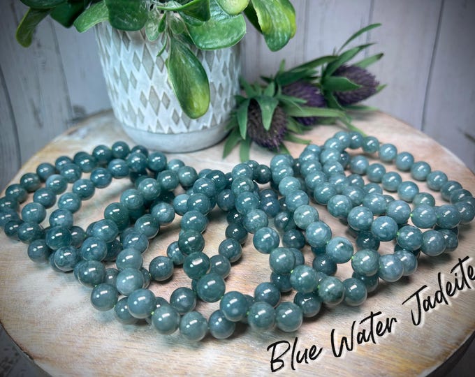 Blue Water Jadeite Bracelet, Blue Water Jade, 10mm Round Beads