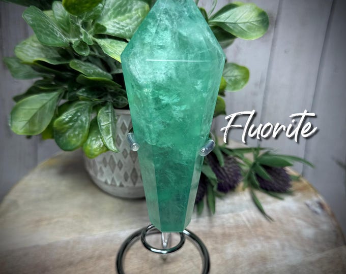 Fluorite Wand with Metal Stand, Fluorite Wand, Fluorite Crystal Point, Rainbow Inclusions