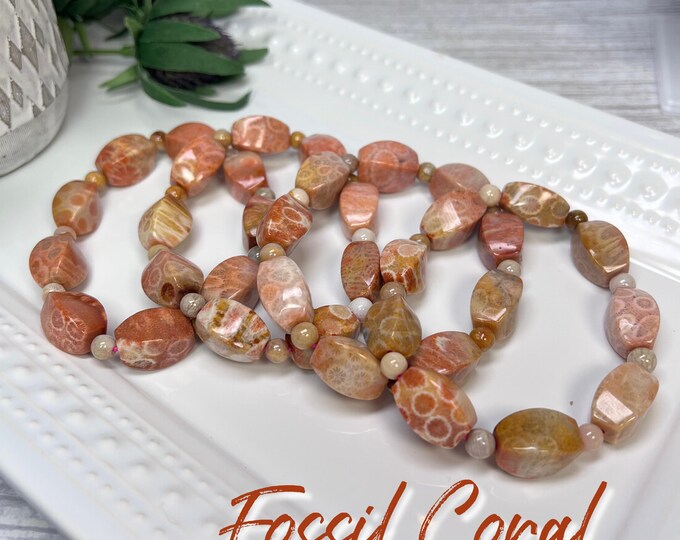 Fossilized Coral Twisted Barrel Bead Bracelets, Coral Fossil, Agatized Coral, Agatized Coral, Twisted Barrel Shape Beads