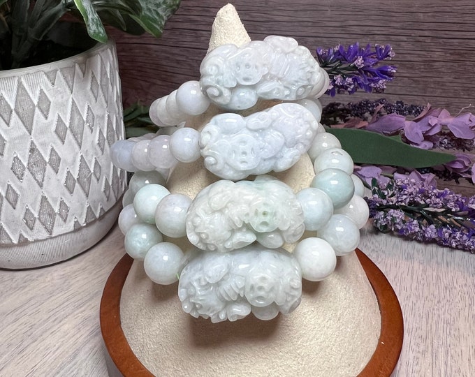 Lucky Jadeite Pixiu Dragon Bracelet, Round Bead Bracelet, 8mm, 10mm