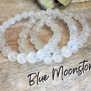 Blue Moonstone Bracelet, 8-9mm Round Beads, Blue Flash Moonstone