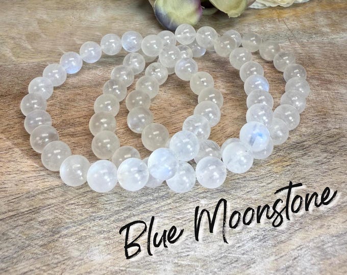 Blue Moonstone Bracelet, 8-9mm Round Beads, Blue Flash Moonstone