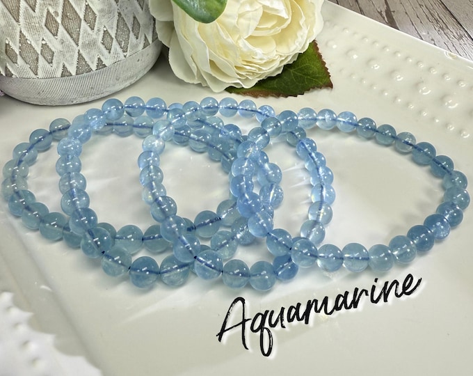 Aquamarine Bracelet, 6-7mm Round Beads, Blue Crystal Bracelet, Protective & Calming