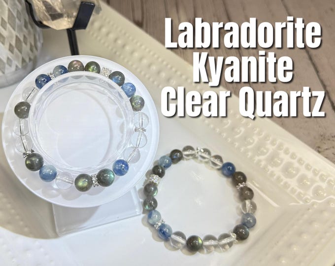 Kyanite and Labradorite Bracelet, 8-9mm Labradorite with Kyanite and Clear Quartz DIY Bracelet, White Copper Accent Beads (LLB18)