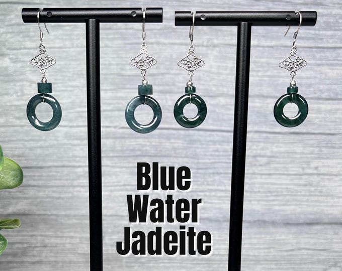 Beautiful Blue Water Jadeite Dangle Earrings, Blue Water Jade with Ornate 925 Silver Earring Setting