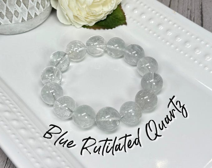 Blue Rutilated Quartz Bracelet, Blue Tara Nightshade Quartz Bracelet, Quartz with Blue Fibrous Rutile Inclusions, 16.5mm Round Beads