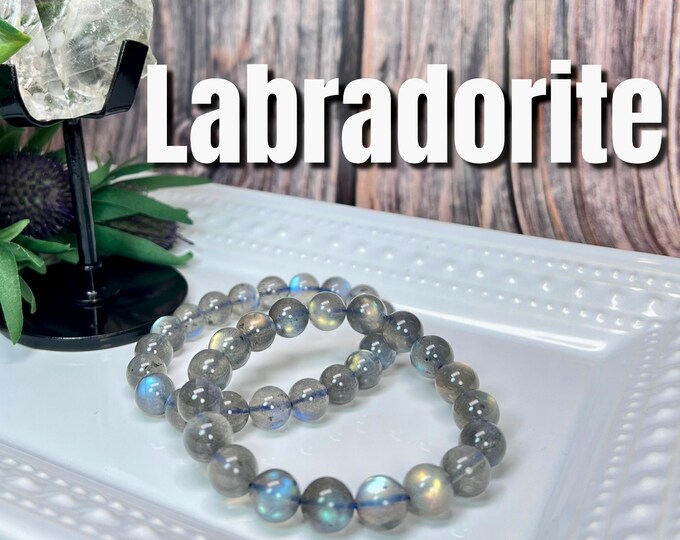 Labradorite Bracelet, Flashy Labradorite Crystal Bracelet, Large Round Beads, 10-11mm