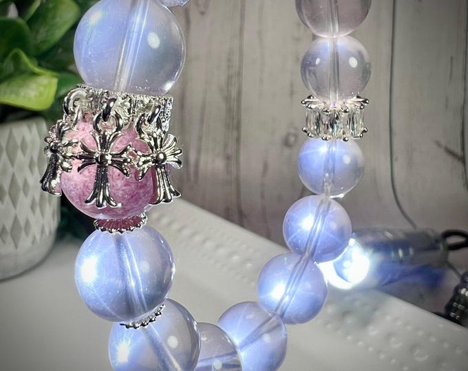 Star Rose Quartz with Strawberry Quartz DIY Bracelet, Clear Quartz Freeform, White Copper Accent Beads and Cross Charm (LLB8)