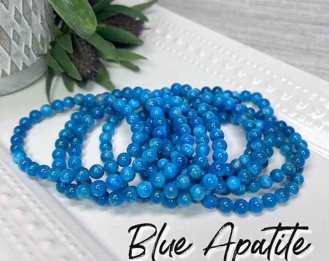 Blue Apatite Bracelet, Blue Apatite Crystal, 6-7mm Round Beads, Manifestation Stone