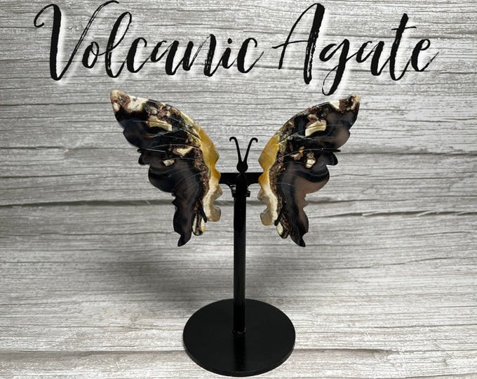 Volcanic Agate Butterfly Wings, Volcanic Agate Crystal Butterfly Wings, Custom Metal Stand (1)