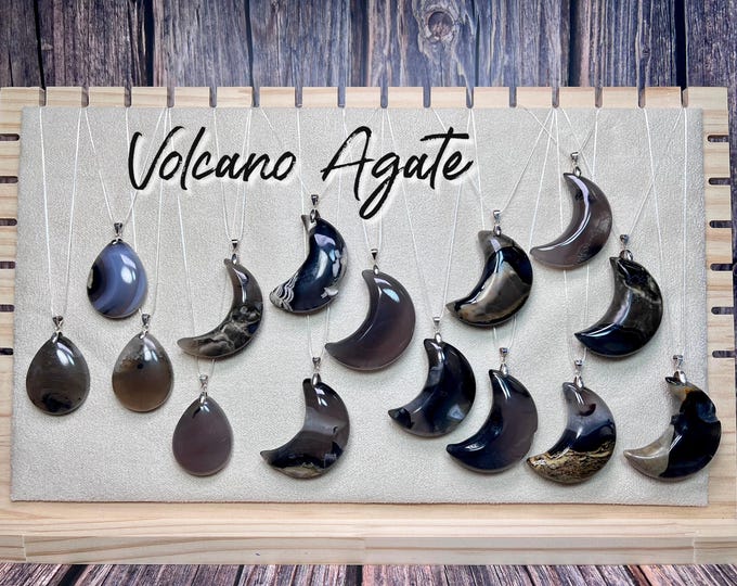 Volcano Agate Pendant, Large Volcanic Agate Moon Pendant, UV Reactive Crystal, 925 Silver Clasp, Root Chakra Stone (3)