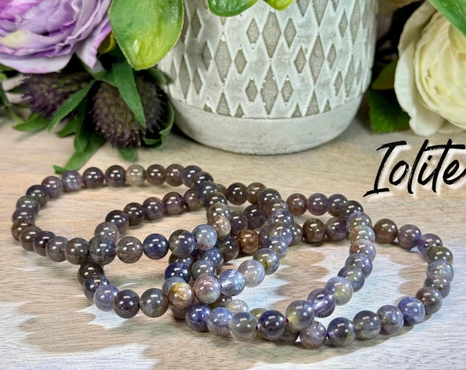 Iolite Bracelet, 7mm Round Beads, Confetti Glitter Iolite