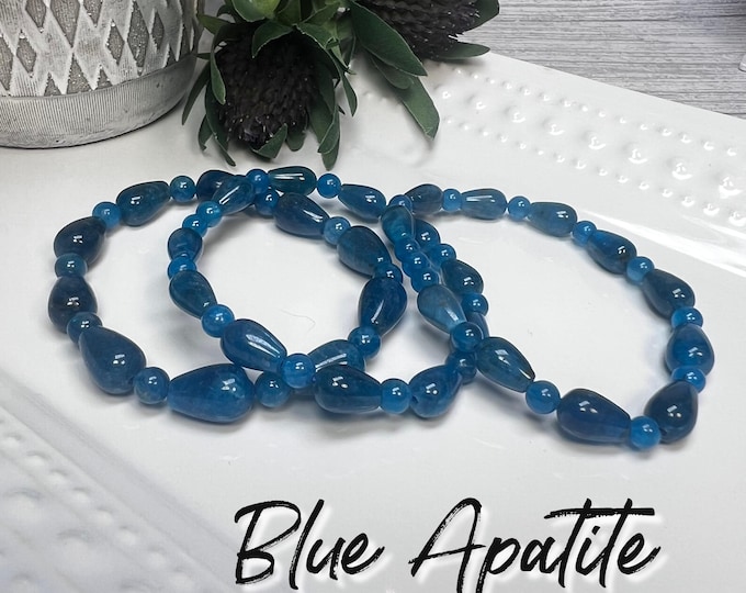 Blue Apatite Bracelet, Water Drop Shape Beads, 4-5mm Round Beads, Manifestation Stone
