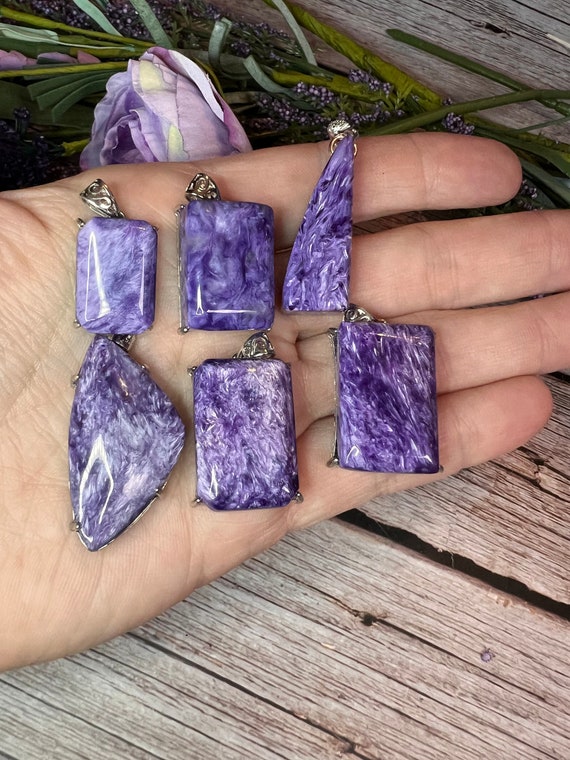 Charoite Pendant, Charoite Necklace, Crystal Jewelry, 925 Sterling Silver, 925 Sterling Silver 24" Chain - 100% Natural