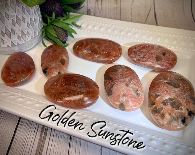 Golden Sunstone Palm Stone, Golden Sunstone, Rainbow Glitter Flash Golden Sunstone Palm Stone