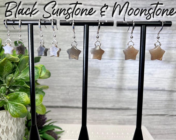 Black Sunstone & Moonstone Star Earrings, Drop Earrings, Dangle Earrings, 925 Silver Earring Setting