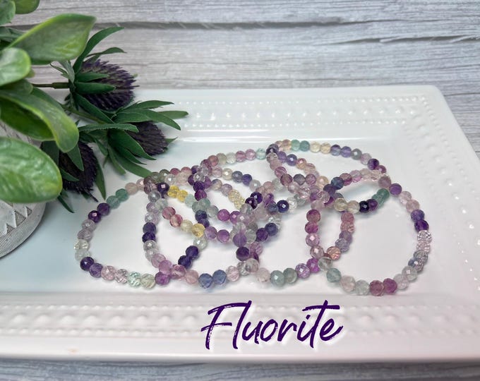 Colorful Fluorite Bracelet, Fluorite Facet Bead Bracelet 6-7mm