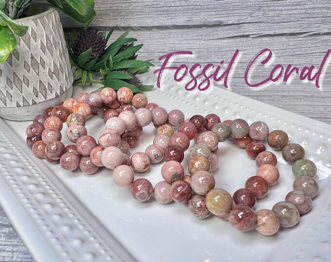 Pink and Purple Fossil Coral Bracelet, Fossilized Coral, Coral Fossil, Agatized Coral, 12-13mm Round Beads