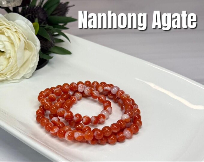 Beautiful Nanhong Agate Wrap Bracelet or 30" Necklace, South Red Agate, Elastic String, 7mm Round Beads