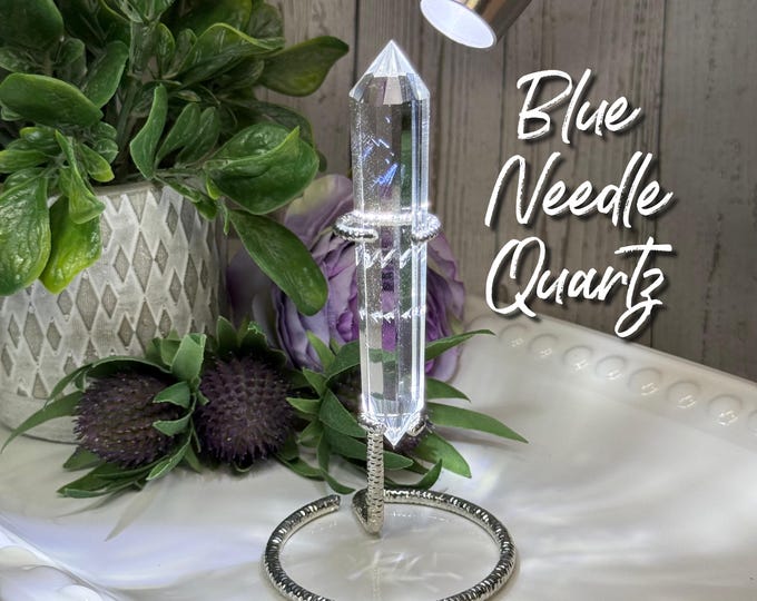 Blue Needle Quartz DT with Metal Stand, Blue Angel Wing Quartz, Multi-Facet Double Terminated Crystal