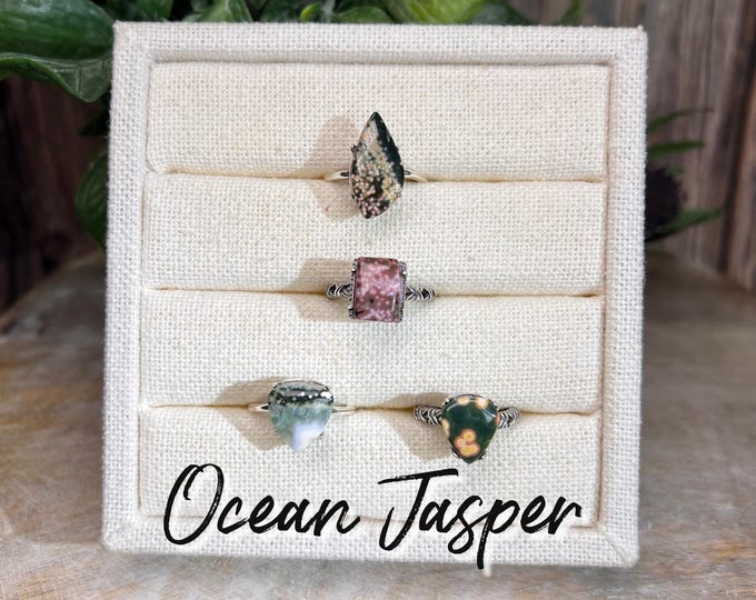 Colorful Ocean Jasper Ring, Orbicular Ocean Jasper Crystal, 925 Silver Adjustable Band
