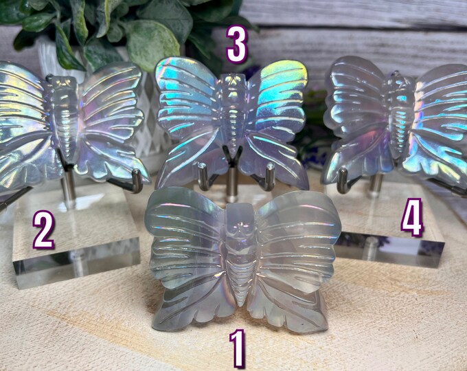 Clear Quartz Aura Butterfly, Aura Coated Clear Quartz, Rainbow Aura Butterfly Clear Quartz Carving, Clear Quartz Butterfly Carving