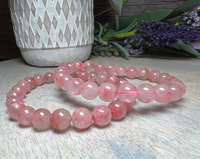 Ice Rhodonite Bracelet, Rose Rhodonite, Sakura, Cherry Rain, 7-8mm Round Bead Crystal Bracelet, Beautiful Pink Rose Color