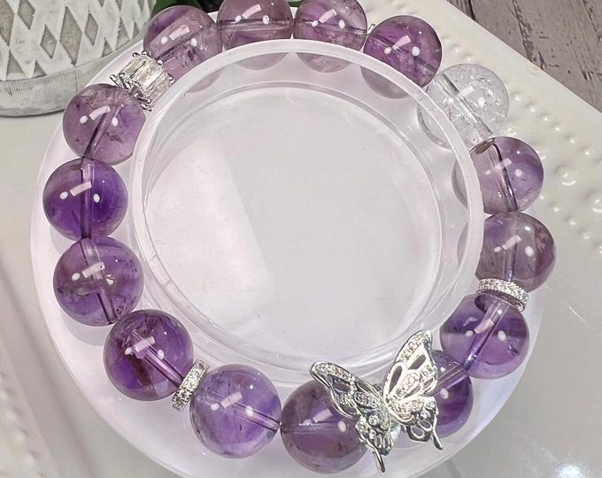 Garden Amethyst and Rainbow Clear Quartz Butterfly DIY Bracelet, White Copper Accent Beads and Butterfly Charm (LLB5)