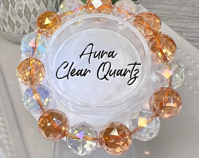 Beautiful Aura Coated Clear Quartz Bracelet, Clear Aura Coating & Orange Aura Coating, Large 14mm Facet Round Beads