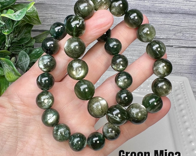 Dark Green Mica in Quartz Bracelet, Flashy Green Mica, Green Lepidolite, 12mm or 13mm Round Beads, Large Crystal Bracelet