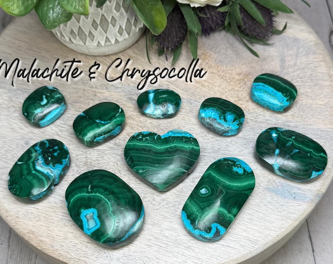 Malachite with Chrysocolla Palm Stone or Heart, Small Carvings, Stone of Transformation and Communication