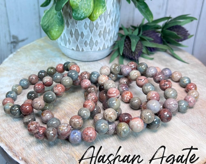 Oil Painting Alashan Agate Bracelet, Alashan Agate Bracelet, Alxa Agate Crystal Bracelet, 10mm or 11mm Round Beads