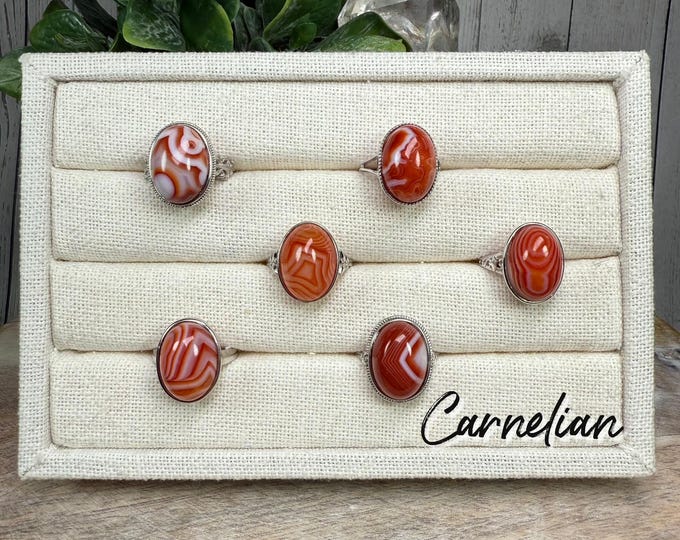 Carnelian Ring, Red Agate Ring, Banded Agate Crystal Ring, 925 Silver Adjustable Band