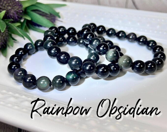 Rainbow Obsidian Bracelet, Rainbow Obsidian, Crystal Bracelet, 10mm, Round Bead (2)