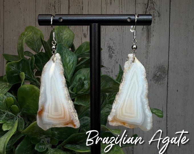 Brazilian Agate Slice Earrings, Banded Agate Dangle Earring, 925 Sterling Silver Earring Setting