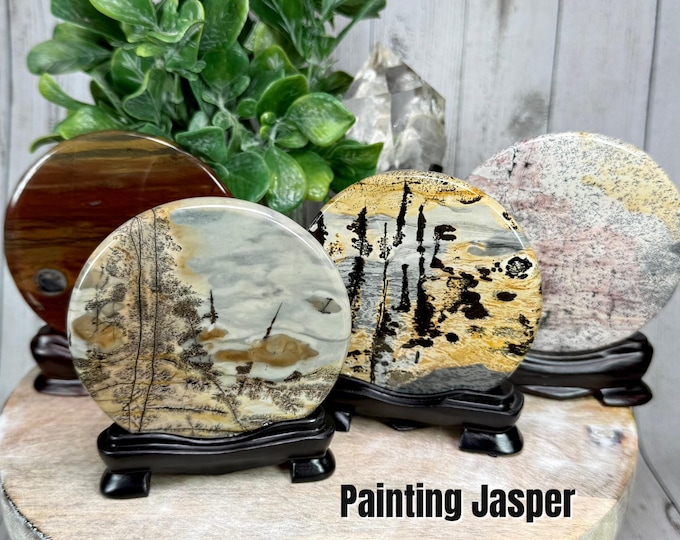 Painting Jasper on Wooden Stand, Picture Jasper, Beautiful Landscape Scenery in Each Piece, Custom Wooden Stand - Round (Set#2)
