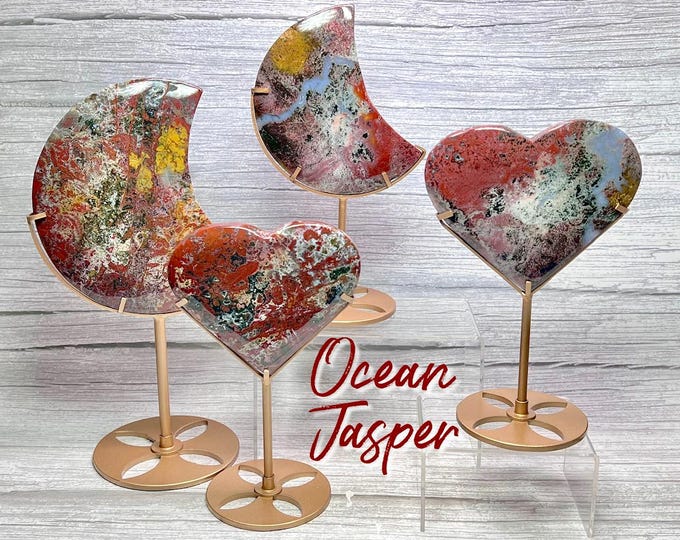 Colorful Ocean Jasper Heart or Moon on Custom Stand, Druzy Ocean Jasper, Crystal Heart Carving, Crystal Crescent Moon Carving, Metal Stand