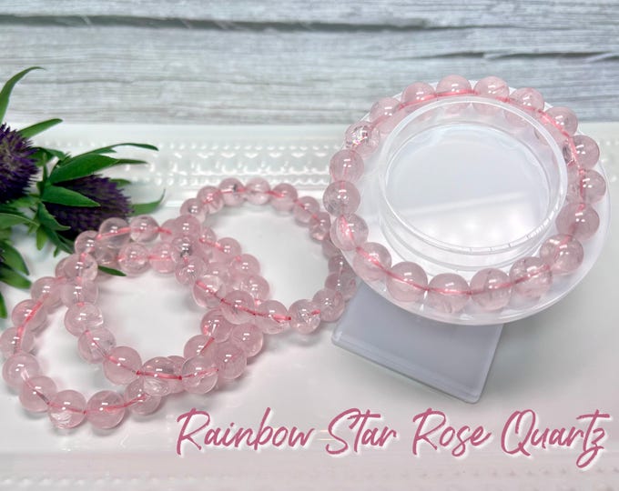 Starlight Rainbow Rose Quartz Bracelet, Rainbow Rose Quartz, Star Rose Quartz with Rainbows, 10-11mm Round Bead, Stretchy Crystal Bracelet