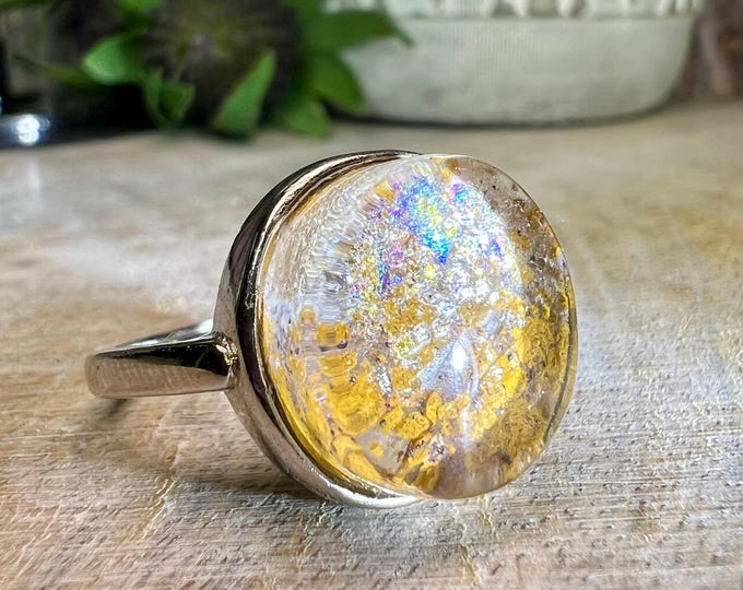 Yellow Rainbow Garden Quartz Ring, Garden Quartz Crystal, Lodolite Crystal Ring, Inclusion Quartz Ring, 925 Silver Adjustable Band