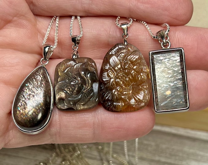 Gorgeous Black Moonstone with Sunstone Pendant Necklace, Moonstone Sunstone Pendant, Glitter Flash, 925 22" Silver Box Chain
