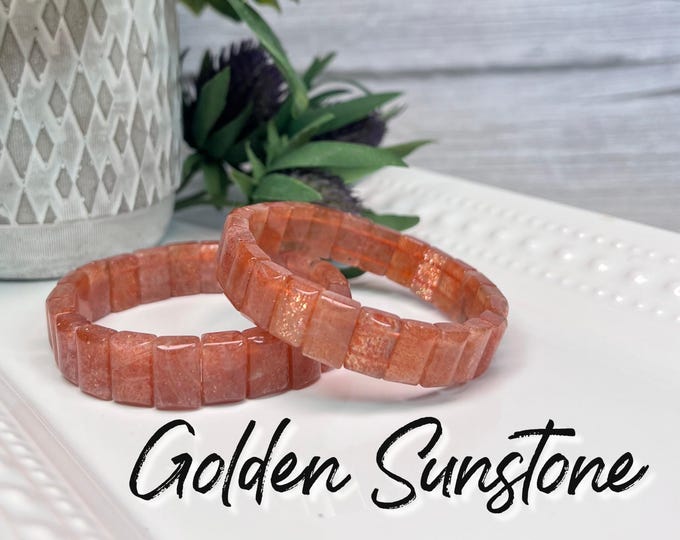 Golden Sunstone Bracelet, Golden Sunstone Soft Bangle, Rectangle Bead Bracelet, Rainbow Confetti Sparkles
