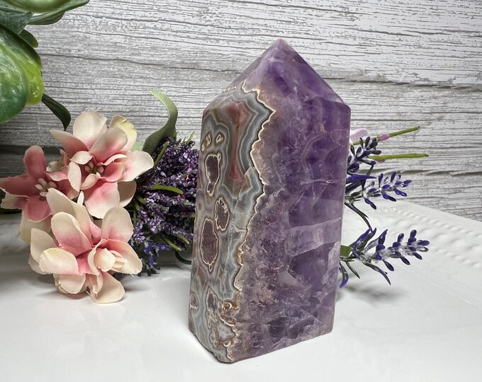 Amethyst Crazy Lace Tower, Amethyst and Crazy Lace, Amethyst Tower, Purple Crystal, Beautiful Banding, Rainbow Inclusions