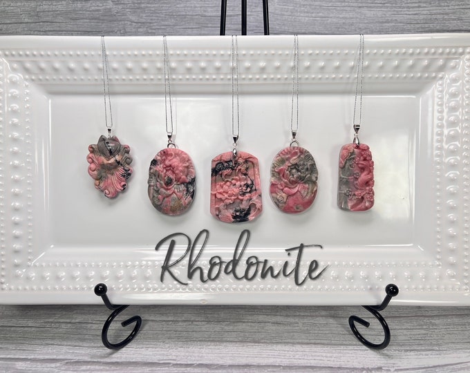 Rhodonite Carving Pendant, Pink Rhodonite, Crystal Carving Pendant, Rhodonite Pendant, 925 Silver Clasp