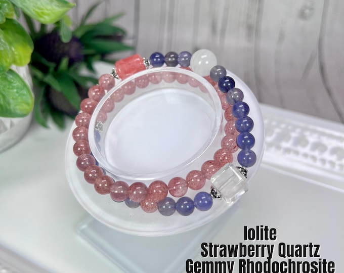 Iolite and Strawberry Quartz Wrap Bracelet, Blue Needle Quartz Cube Bead, Gemmy Rhodonite Barrel Bead, 6mm Round Beads, 925 Silver (LLB10)