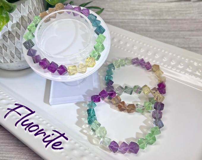 Colorful Fluorite Cube Bracelet, Rainbow Fluorite Bracelet, Purple Fluorite, Blue Fluorite, Green Fluorite, Crystal Cube Bracelet