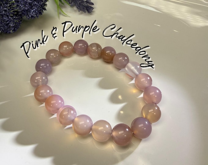 Pink and Purple Chalcedony Bracelet, Chalcedony Crystal Bracelet, 10mm Round Beads