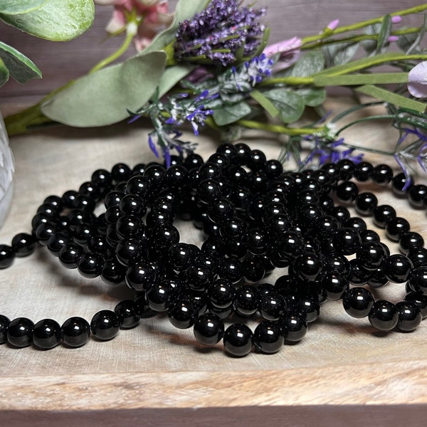 Black Obsidian Bracelet, Black Obsidian Crystal Bracelet, 8-9mm, Round Bead