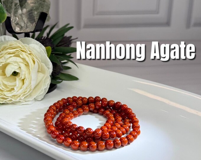 Solid Red Nanhong Agate Wrap Bracelet or 27" Necklace, South Red Agate, Elastic String, 6mm Round Beads