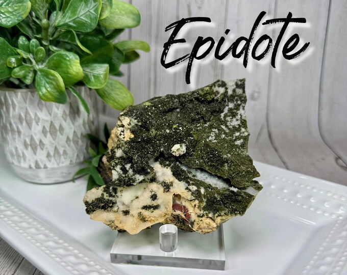 Epidote Specimen with Stand, Epidote and Quartz Crystal, Epidote Raw Stone
