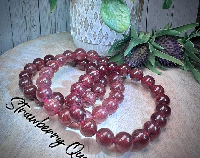 Sparkly Strawberry Quartz Bracelet, Strawberry Quartz Bracelet, Glittery Sparkles, 11-12mm Beads
